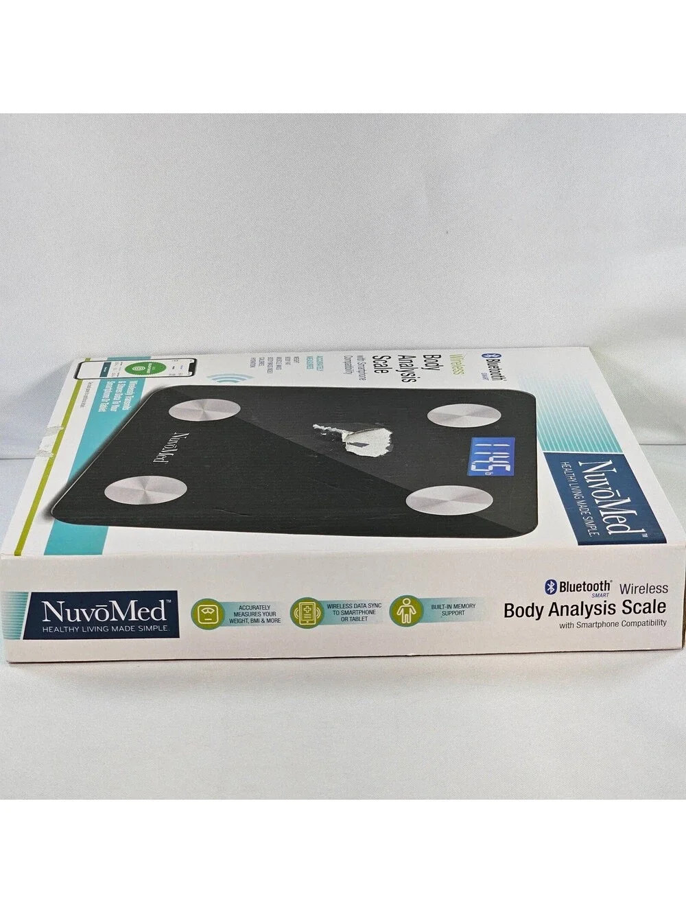 NuvoMed Wireless Body Analysis Scale Bluetooth Smart BMI Body Fat Black Glass